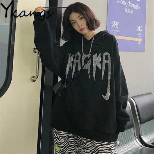 Gothic Chain Rhinestone Loose Hoodie Korean Dark Style High Street Cool Women Clothes Bf Trend Spring Autumn Harajuku Sweatshirt