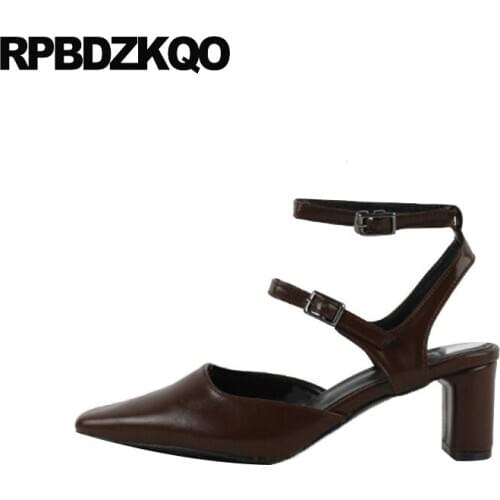 Brown italian ladies high heels square toe block slingback shoes size 4 34 thick pumps 2019 black women chunky sandals female