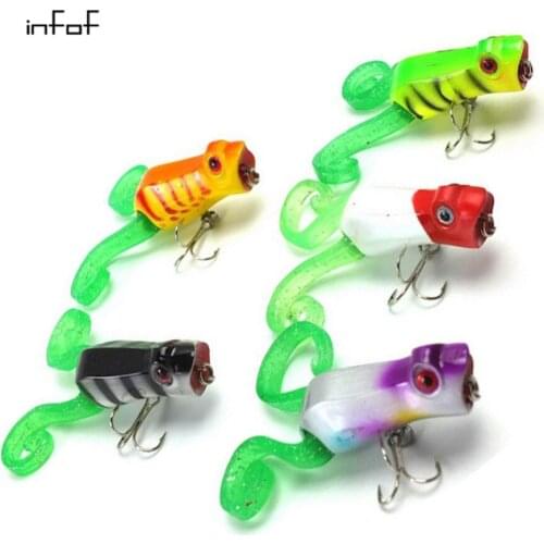 INFOF 5pcs/lot Fishing Wobbler Popper Lures 5.5CM with Soft Tail Lifelike 3D Eyes Artificial Frog Bait Hard Plastic Lure