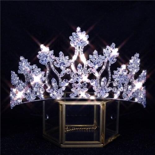 Top Quality Wedding Bridal Bridesmaid Leaf Cubic Zirconia Girls White Plated Zircon Tiara Crown Headband For Prom