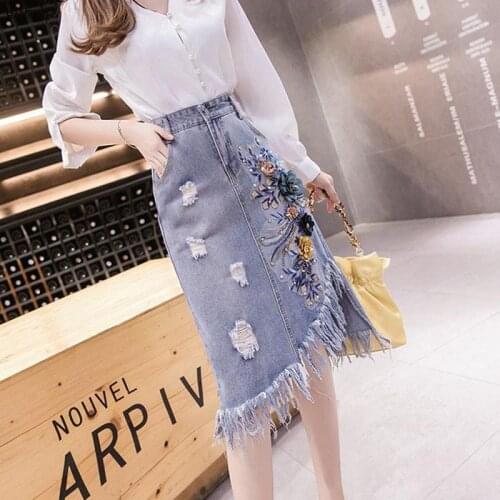 Quality Irregular Tassel Lady Skirt Female Tassel High Waist A-line Skirt Elegant Denim Women Holes Skirt With Chic Flowers