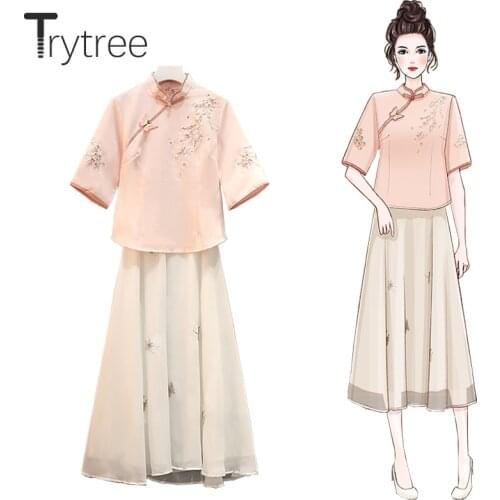 Trytree Summer Women Two Piece Set Casual Chinese Style Embroidery Floral Tops + Skirt Elastic Waist A-line Mid-Calf 2 Piece Set