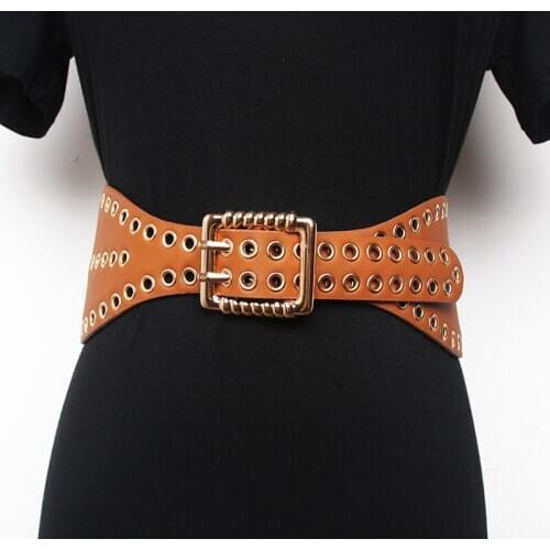 2020 European Station Punk Style Rivets Decoration Wide Faux Leather Belt Women with Dress Suit Girdle Belts Black Beige Red