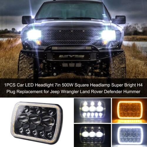 1PCS Car LED Headlight 7in 500W Square Headlamp Super Bright H4 Plug Replacement for Jeep Wrangler Land Rover Defender Hummer