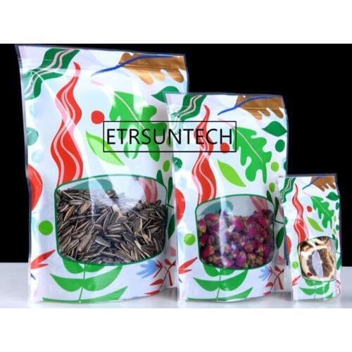 1000pcs 6 Sizes Green Stand Up Pouch Plastic Foil Bag With Transparent Window Tea Nut Candy Storage Bag Holder