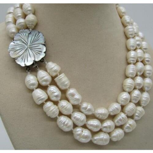 3 ROW 9-10MM NATURAL WHITE SOUTH SEA BAROQUE PEARL NECKLACE 17-19INCH beautiful
