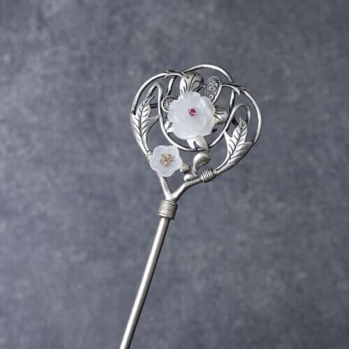 925 Sterling Silver Hair Stick Jade Flower Women Hair Accessories Step Shake Luxury Jewelry Chinese Hanfu