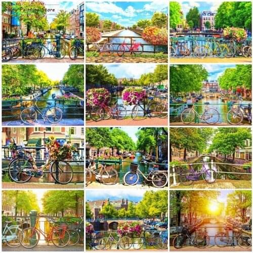 5D DIY Diamond Painting Bicycle on the Bridge Cross Stitch Handmade Gift Diamond Embroidery European Scenery Mosaic Home Decor