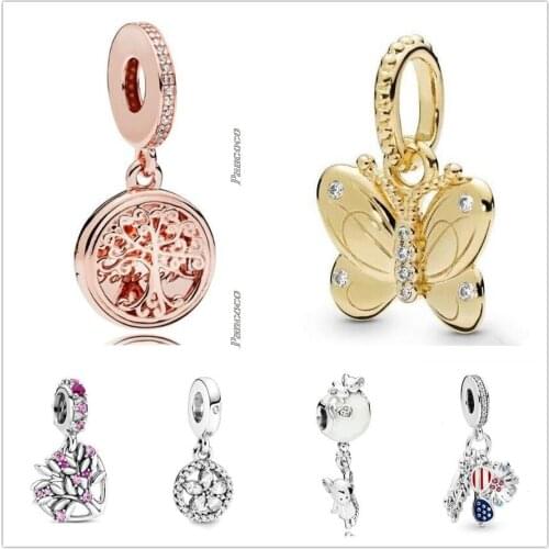 Authentic 925 Sterling Silver Pink Heart Family Tree With Crystal Pendant Charm Beads Fit Pandora Bracelet & Necklace Jewelry