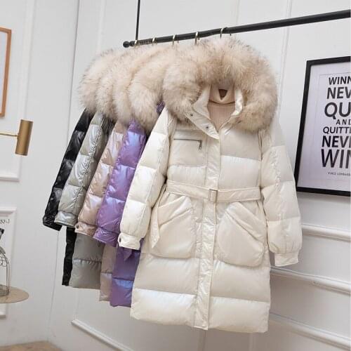 Shiny Down Jacket Women Long Jacket New Winter White Duck Down Female Outerwear Loose Hooded Waist Big Fur Collar Parka Coat