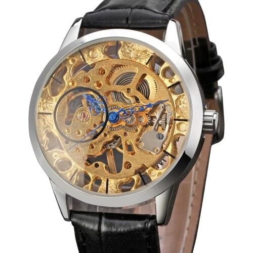 2019 Winner Mens Top Brnad Fashion Hand-wind Mechanical Skeleton Leather Casual Round Wristwatch Color Black Luxury Gold Clock