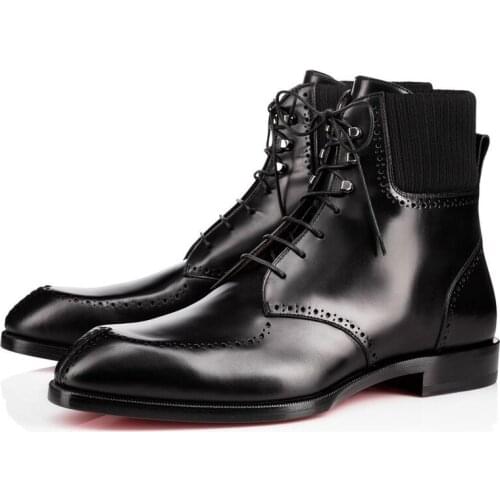 SHOOEGLE Handmade Black Leather Lace-up Ankle Boots Mens Boots Elastic Band Round Toe Low-heeled Shoes EU38-EU47