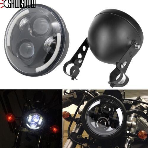 Black 5.75 Inch Motorcycle Metal Projector DRL LED Front Headlight With Angel Eye + 5 3/4" Headlight Bracket