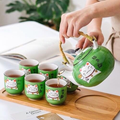 Ceramic Coffee Tea Set Lucky Cat Green Kettle Japanese Mug Wooden Tray Beam Tea Pot Cup Household Kitchen Supplies Drinkware
