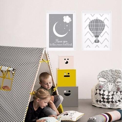 Cartoon Hot air ballMoon Cloud Prints and Poster Wall Pictures Canvas painting for Baby Kids Room laminas de cuadros nordicos