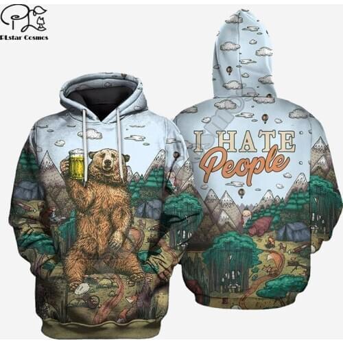 Men harajuku hunting bear I hate people print 3d hoodie Unisex beer Sweatshirt zipper women Pullover streetwear jacket tracksuit