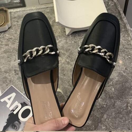 Metal Chain mules women solid cover toe slippers woman flip flops pantufas shoes lazy shoes student chains square toe slides2020