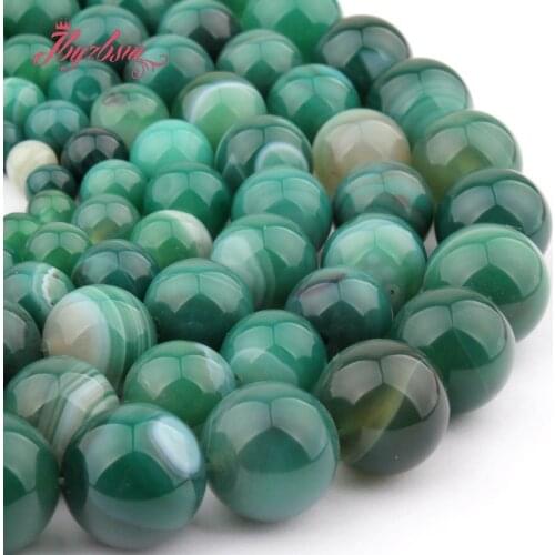 Natural Stripe Agates Smooth Green Round Bead Ball 6/8/10/12mm Stone Beads For DIY Necklace Bracelets Jewelry Making Strand 15"