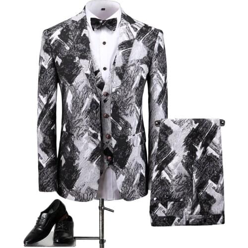 2021 New Stylish Atmosphere High-end Flower printed Slim Fit Men Suit 3 pcs set Casual Tuxedo Groom Wedding dress Prom Men Suit