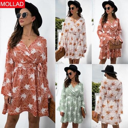 2021 Spring and Autumn New Hot-Selling Bell Sleeve V-neck Printed Long-Sleeved Dress