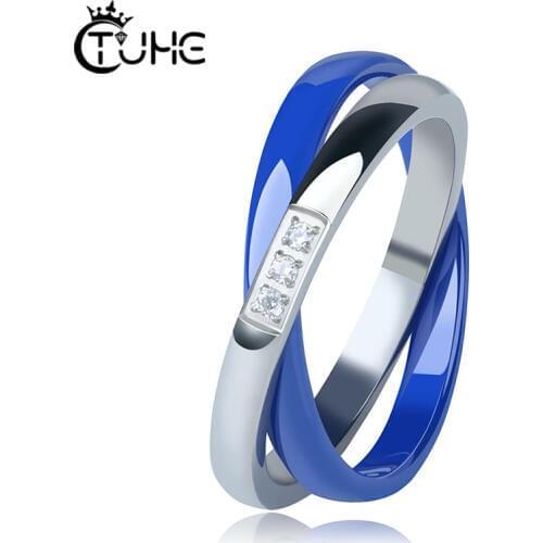 New Fashion Blue Silver Cross Rings With Crystal for Women Blue Pink Ceramic Stainless Steel Finger Rings Women Wedding Jewelry