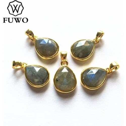 FUWO Lovely Tear Drop Labradorite Bead Pendant With Brass Bezel Trimmed Raw Quartz Charm for Jewelry Making PD286