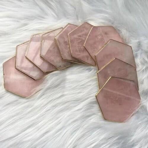 Wholesale natural polished gold rimmed desktop protected rose quartz crystal slice coaster cup mat for Home decoration