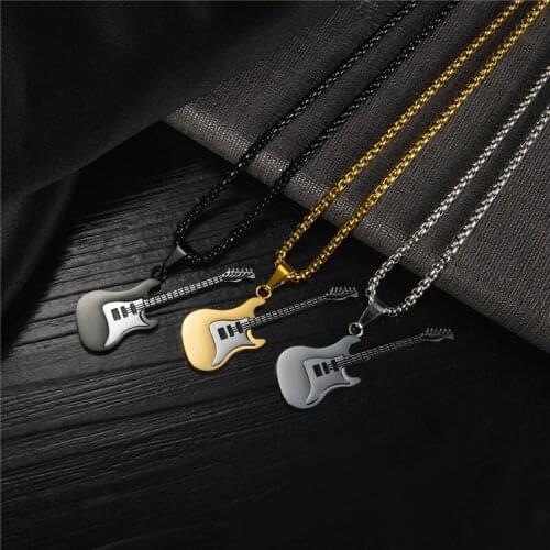 European American Street Creative Personality Hip Hop Rock Guitar Stainless Steel Color Necklace Men Pendant Jewelry On The Neck