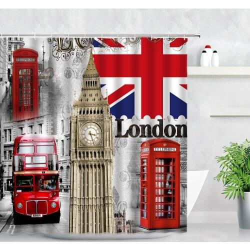 London Street View Shower Curtains Big Ben Red phone Booth Bus Printing Retro Wall Decor Cloth Screen Hooks Bathroom Curtain Set