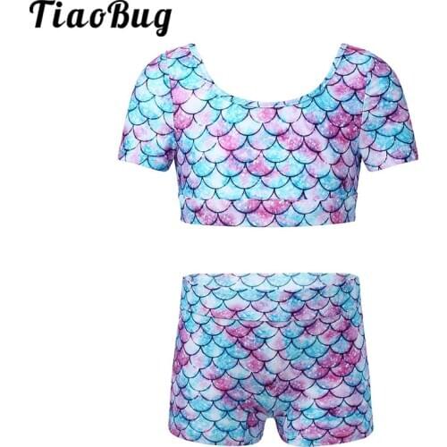 Kids Tracksuit Mermaid Costume Fishscale Print Short Sleeve Crop Top Shorts Sports Sets Child Girls Ballet Gymnastics Dance Wear