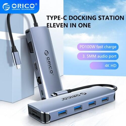 ORICO MC-U111P USB C HUB To USB3.0 HDMI Compatible VGA 100W PD RJ45 Card Reader Audio Adapter Base MacBook Pro Splitter