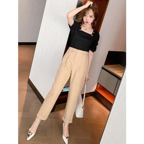 Top Quality Womens summer new high waisted curly hem solid commuter tapered pants