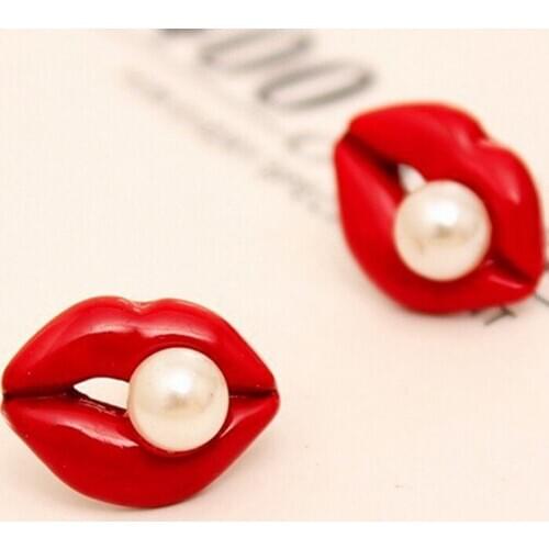 1 pair Red Mouth Love Sexy Pink Lips Rhinestone Simulated Pearl Earrings Female Jewelry Factory Outlets
