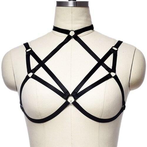 Women Bandage Harness Bra Elastic Cage Bra Hollow Open Cup Push Up Bra Sexy Goth Bustier Lingerie Body Harness Cage