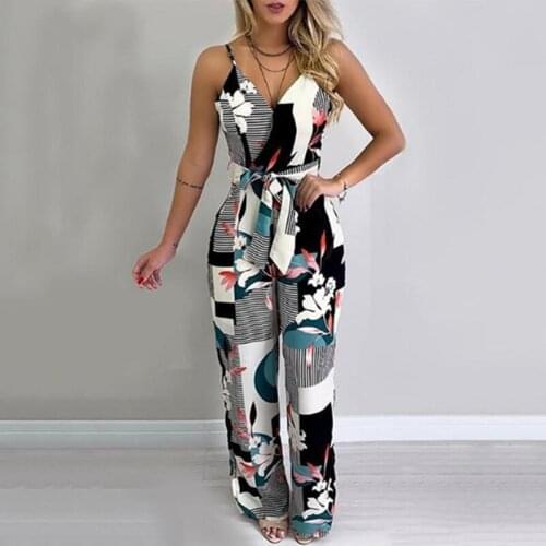 2021 New Fashion Summer Women Casual Sleeveless V-Neck Jumpsuits Ladies Boho Floral Bodysuit Wide Leg Loose Harajuku Long Pants