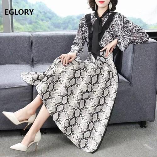 Womens Set 2021 Spring Summer Long Skirt Suit Ladies Bow Collar Vintage Print Chiffon Blouses+High Quality PU Leather Skirt Set
