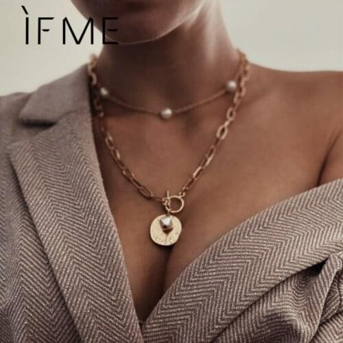 IF ME Bohemian Cuban Chain Necklace for Women Gold Color Multilayers Pearl Coin OT Lock Long Pendant Necklaces Jewelry New Gift
