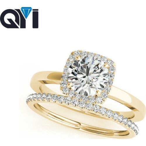 QYI 14K Solid Yellow Gold Halo Engagement Ring Sets 1ct Round Cut Sona Simulated Diamond Jewelry For Women Wedding Rings