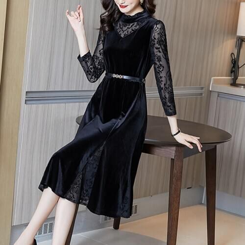 2020 5XL Plus Size Black Lace Velvet Sexy Midi Dress Autumn Winter Vintage Long Sleeve Dress Women Elegant Bodycon Party Vestido
