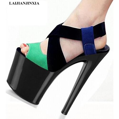 LAIJIANJINXIA New women T-stage Dancing 23CM High Heel Sandals party wedding shoes color block shoes sexy Womens dress shoes