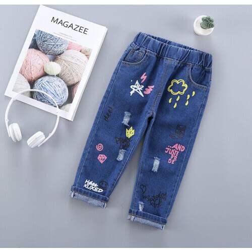 2021 news and Autumn Children Girls kids cotton Ripped graffiti jeans Pants Fashion Baby GIRLS Pants Trousers 30W