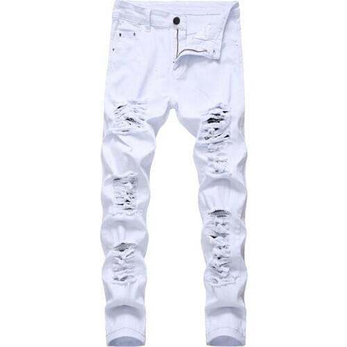 Straight Hole Destruction Trousers Distressed Jeans Men Denim Trousers Men Jeans Fashion Designer Brand White Jean Male
