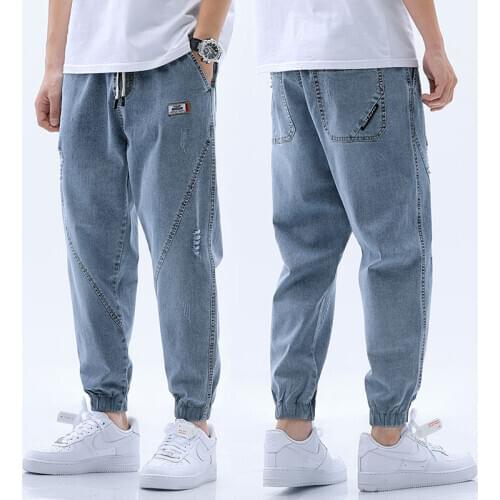 Fall Summer Jeans Mens Loose Cropped Pants Ankle Banded Trousers Stretch Korean Fashion Patchwork Jeans Denim Jeans for Men
