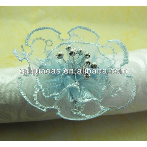 Crystal diamond sheet cheap napkin ring blue silk flower, napkin holder for wedding