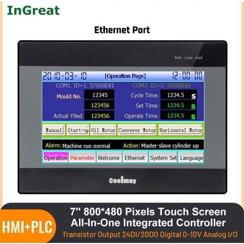7'' HMI PLC All-in-one Integrated CPU Controller Touch Panel DC24V Relay Output Digital 12DI 12DO RS232 RS485 FX2N Programmable
