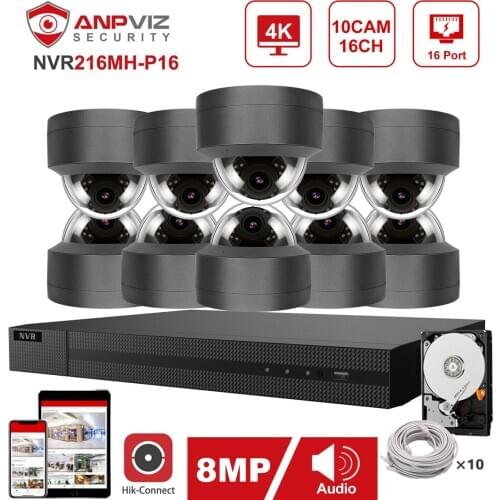 Hikvision OEM 16CH 4K NVR Anpviz 10pcs 8MP POE IP Camera System Indoor/Outdoor IP Camera Security Surveillance Kit IP66 30m P2P