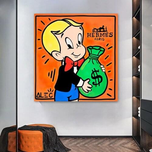 Rich Money Child Canvas Painting On the Wall Art Posters and Prints Kid Holding Money Bag Wall Pictures For Living Room Decor