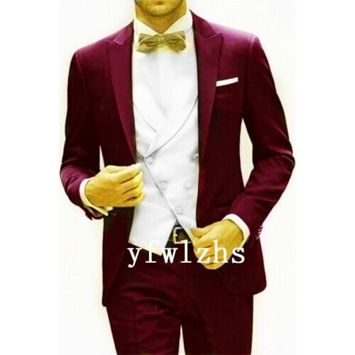 Handsome Groomsmen Peak Lapel Groom Tuxedos Wedding Dress Men Suits Blazer Prom Dinner (Jacket+Pants+Tie+Vest) A664