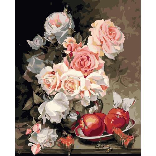 MaHuaf-i490 peony peach bee butterfly Still life DIY oil painting by numbers on canvas nordic decoration picture for living room