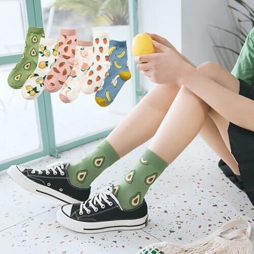 Summer Cute Fruits Cotton Ankle Socks Women Kawaii Banana Strawberry Long Female Socks Avocado Green Korean Fashion Street Socks